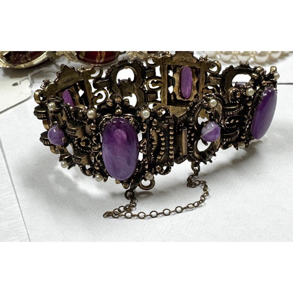 Unsigned Selro Selini‎  antique 1837- 1901 Bronze Bracelet Purple Cabochon Stone - Picture 8 of 8